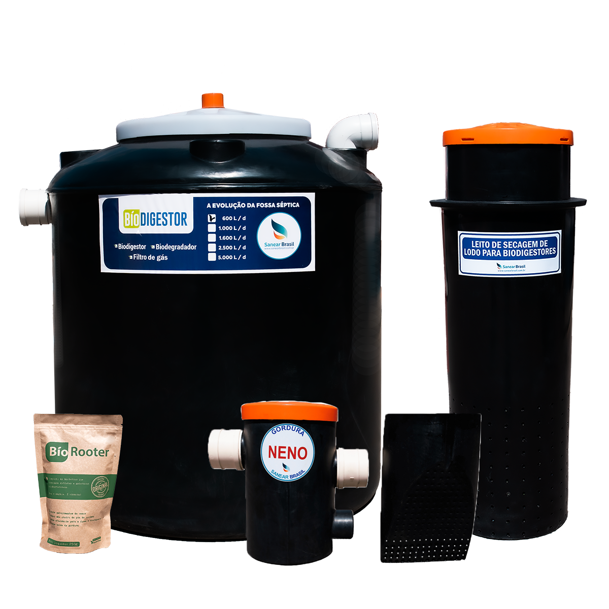 Kit biodigestor 600L com leito de secagem e caixa de gordura Sanear Brasil