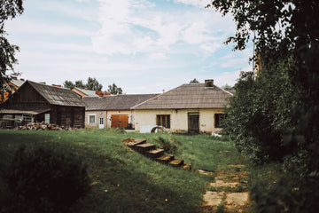 Casa e construção rural cercadas por vegetação em paisagem de campo