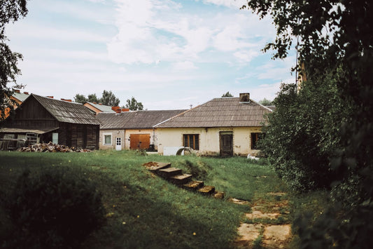 Casa e construção rural cercadas por vegetação em paisagem de campo