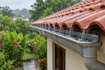 Ilustração gerada por IA de chuva em telhado com calha residencial