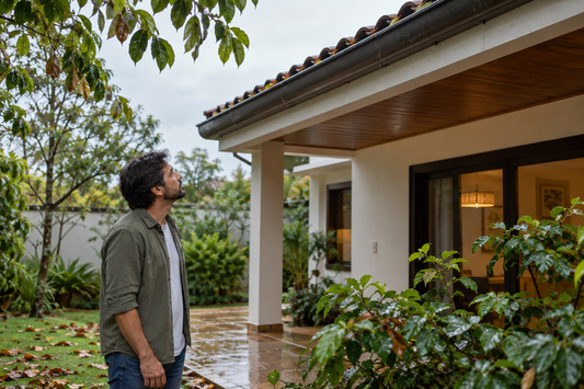 Imagem ilustrativa gerada por IA: Morador observa o beiral da casa a partir do chão após a chuva.