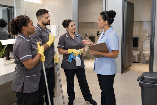 Imagem ilustrativa gerada por IA: Supervisora orienta uma equipe de limpeza em sanitários.