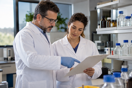Imagem ilustrativa gerada por IA: Dois profissionais conferem um relatório em laboratório.