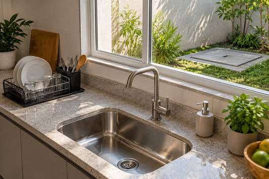 Imagem ilustrativa gerada por IA: cozinha residencial com pia e área externa.