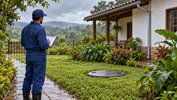Ilustração gerada por IA de um profissional observando o jardim após a chuva, com a tampa de acesso ao sistema fechada.