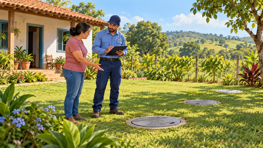 Ilustração gerada por IA de uma moradora conversando com um profissional no jardim, com tampas de acesso fechadas.