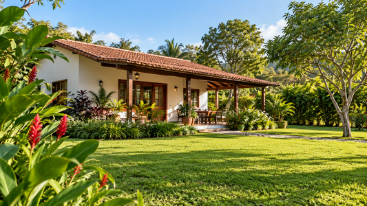 Imagem ilustrativa gerada por IA: residência térrea com jardim, contexto para planejamento do tratamento de esgoto doméstico