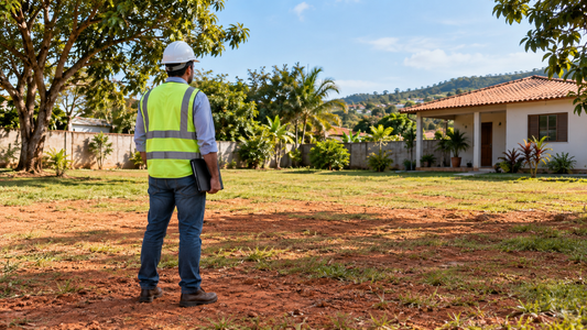 Capa ilustrativa gerada por IA: profissional com equipamentos de proteção observando o espaço de um terreno residencial antes da obra.