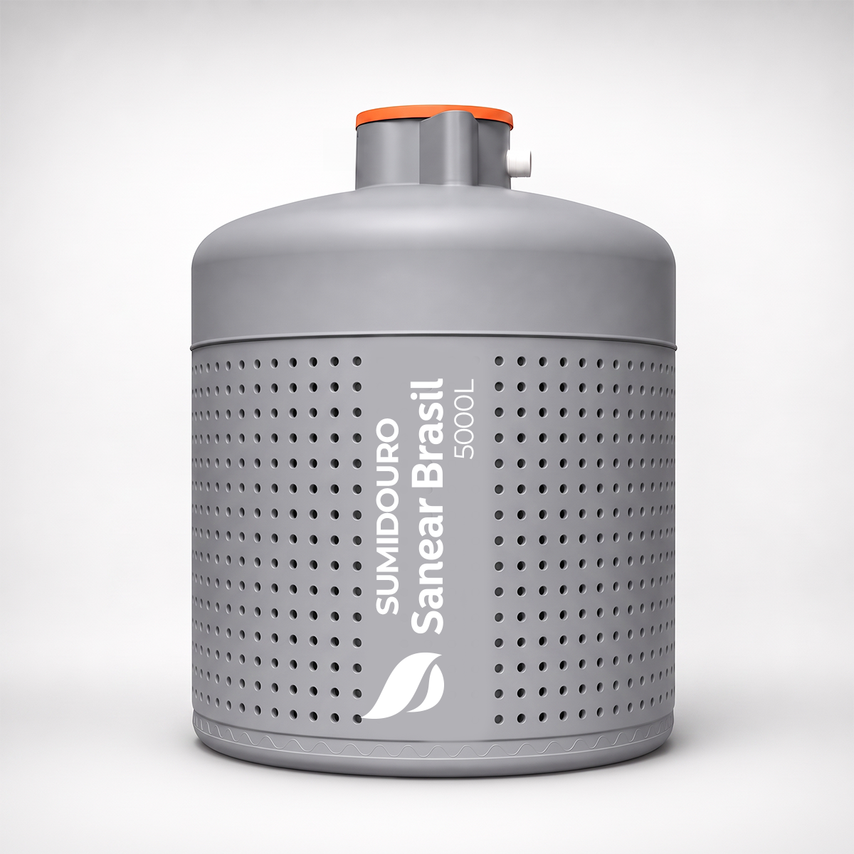 Sumidouro 5000L Sanear Brasil cinza, com corpo perfurado e tampa laranja