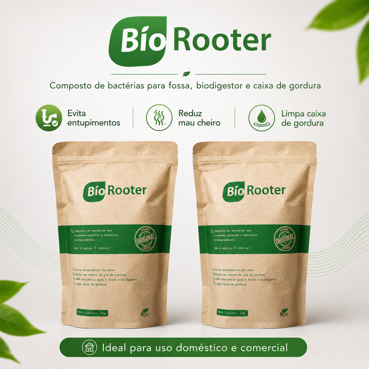 Arte do Biorooter com duas embalagens e indicação de uso em fossas, biodigestores e caixas de gordura