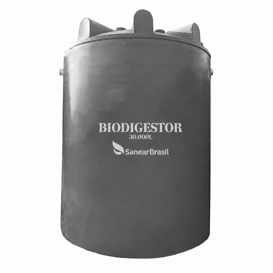 Biodigestor 30.000L/dia Sanear Brasil cinza, com corpo cilíndrico e tampa superior