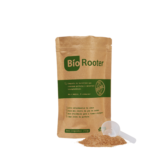 Biorooter 250 g com embalagem, produto granulado e colher dosadora