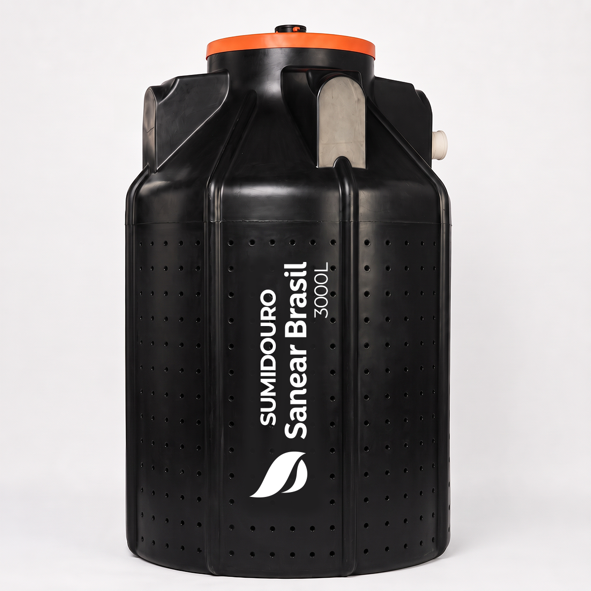 Sumidouro 3000L Sanear Brasil preto, com corpo perfurado e tampa laranja